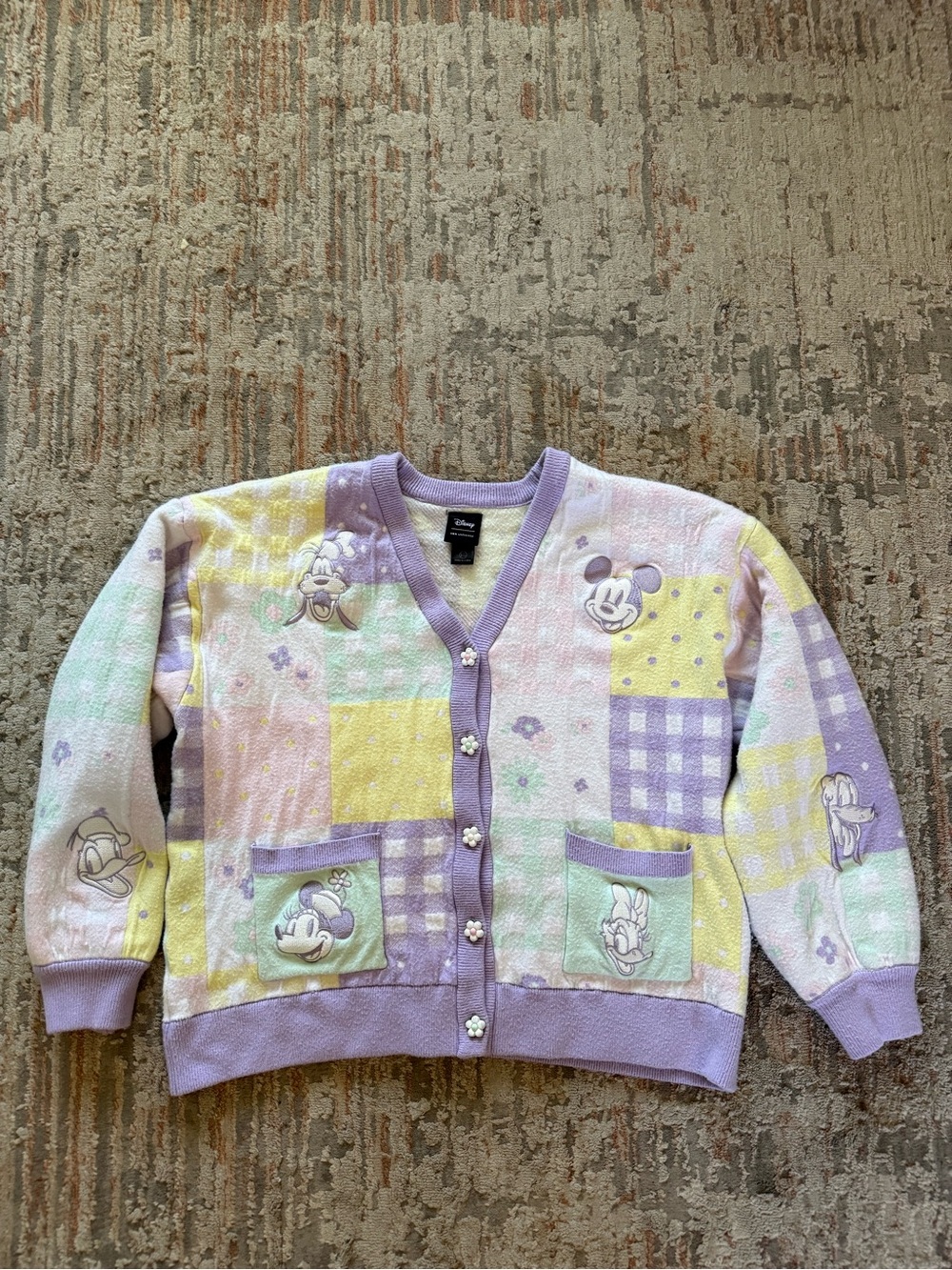 Disney Lavender Pastel Patchwork Mickey & Friends Gingham Cardigan Women’s Large